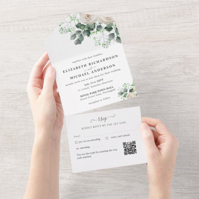 Invitación Todo En Uno Eucaliptus blanco sale de presupuesto Boda (desgarro)