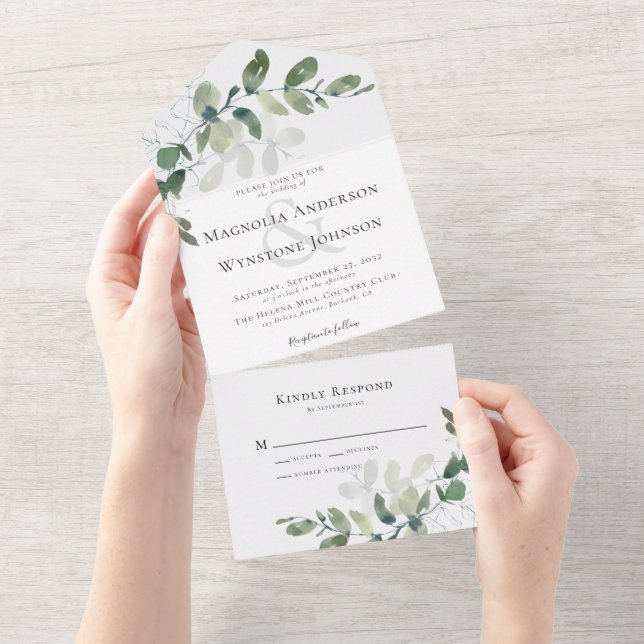 Invitación Todo En Uno Eucalyptus Ampersand Moda Boda (desgarro)