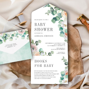 Invitación Todo En Uno Eucalyptus Baby Shower Rosas blandos rusos