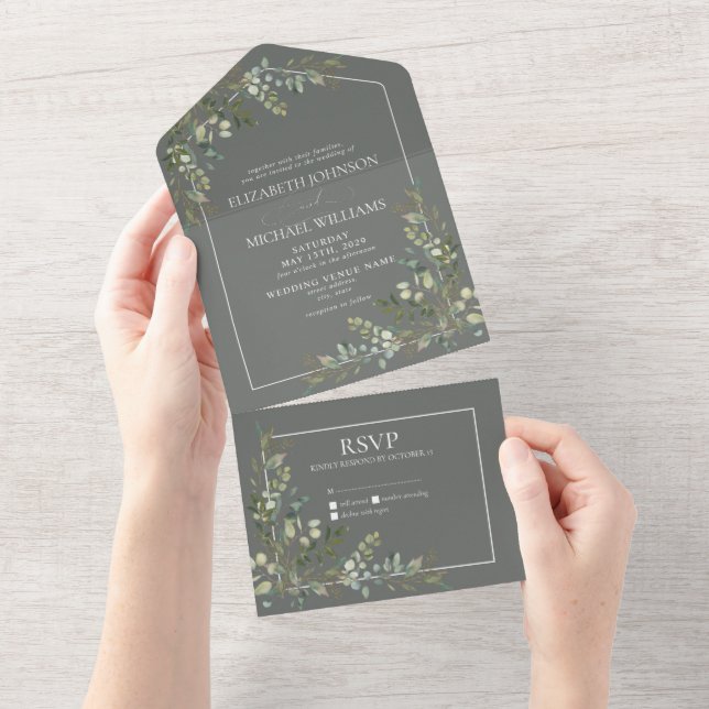 Invitación Todo En Uno Eucalyptus Boda de escritura verde salchicha botán (desgarro)