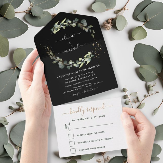 Invitación Todo En Uno Eucalyptus Boda de verde negro Elegante moderno (Subido por el creador)