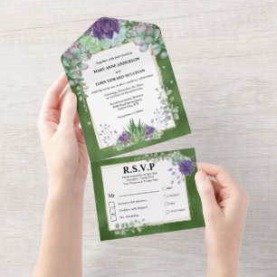 Invitación Todo En Uno Eucalyptus cactus esmeralda morado boda