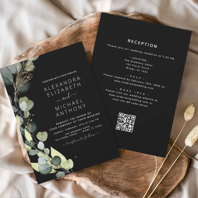 Invitación Todo en uno Eucalyptus Código QR Boda negro (Subido por el creador)
