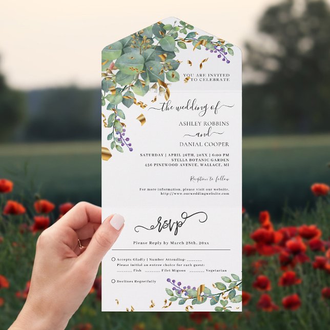 Invitación Todo En Uno Eucalyptus Confetti Greenery Boda (Subido por el creador)