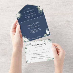 Invitación Todo En Uno Eucalyptus Cotton   Navy Modern White RSVP