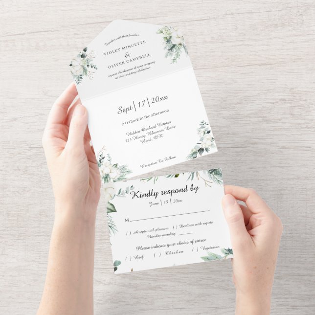 Invitación Todo En Uno Eucalyptus Cotton | White Modern White RSVP (desgarro)