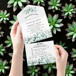 Invitación Todo En Uno Eucalyptus deja a Greenery Rustic RSVP Boda