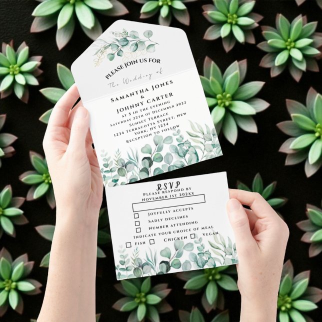 Invitación Todo En Uno Eucalyptus deja a Greenery Rustic RSVP Boda (Subido por el creador)
