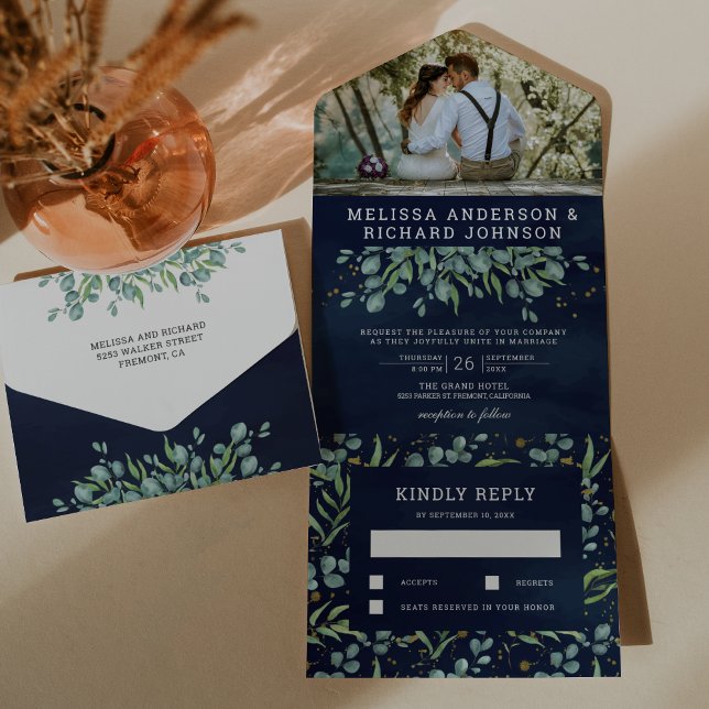 Invitación Todo En Uno Eucalyptus deja Boda azul de la Marina (Subido por el creador)