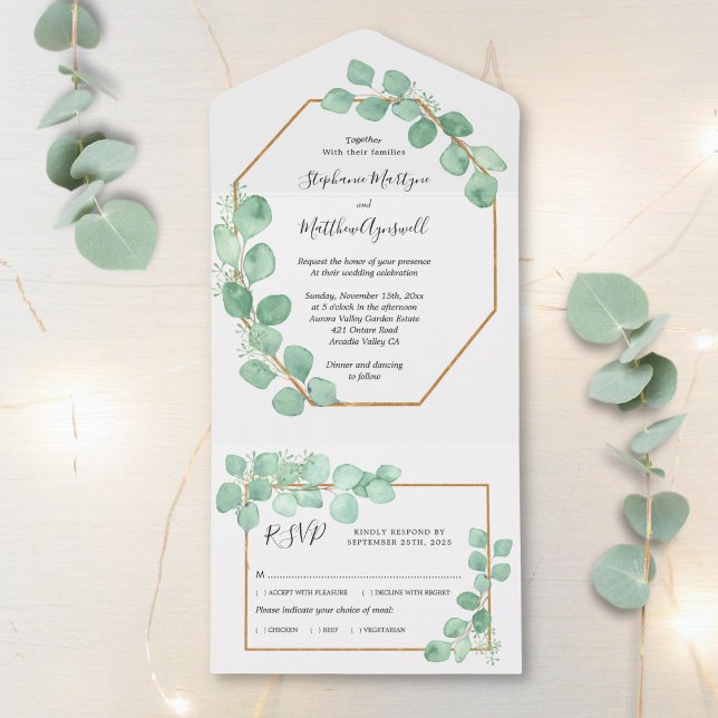 Invitación Todo En Uno Eucalyptus deja Boda de acuarela geométrica (Subido por el creador)