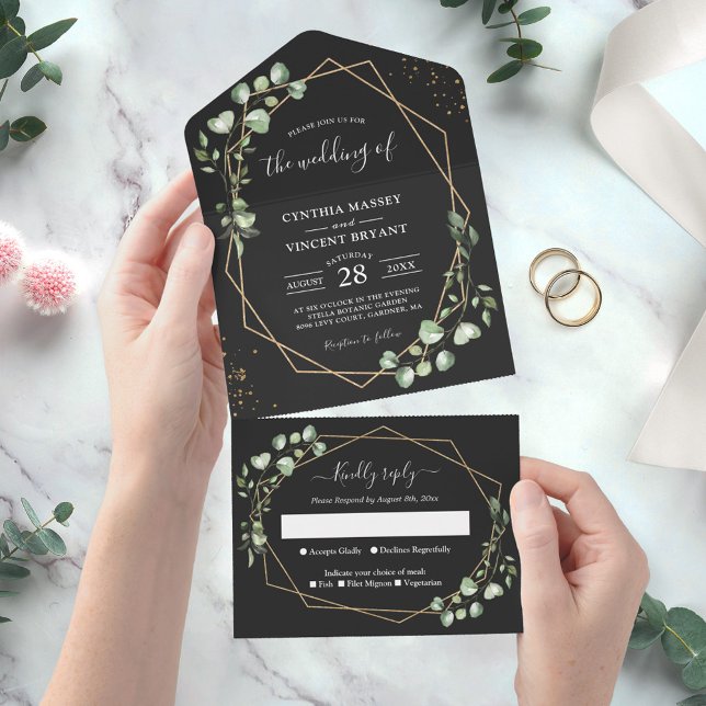 Invitación Todo En Uno Eucalyptus deja Boda geométrico de oro negro (Subido por el creador)
