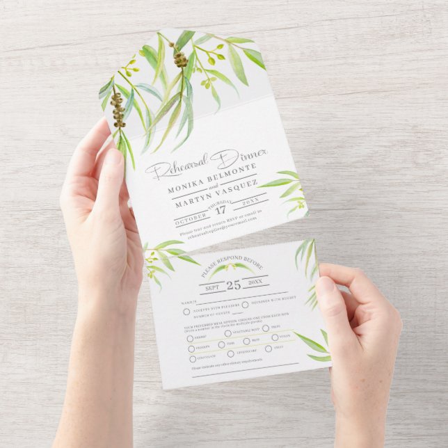 Invitación Todo En Uno Eucalyptus deja una cena de ensayo de arte acuarel (desgarro)