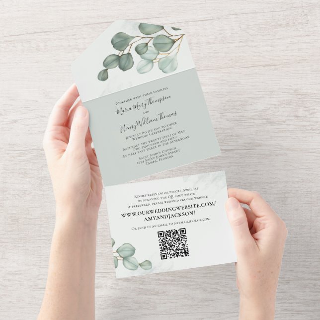 Invitación Todo En Uno Eucalyptus Elegante Foliage de acuarela Código QR (desgarro)