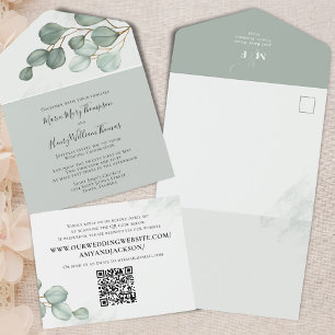Invitación Todo En Uno Eucalyptus Elegante Foliage de acuarela Código QR