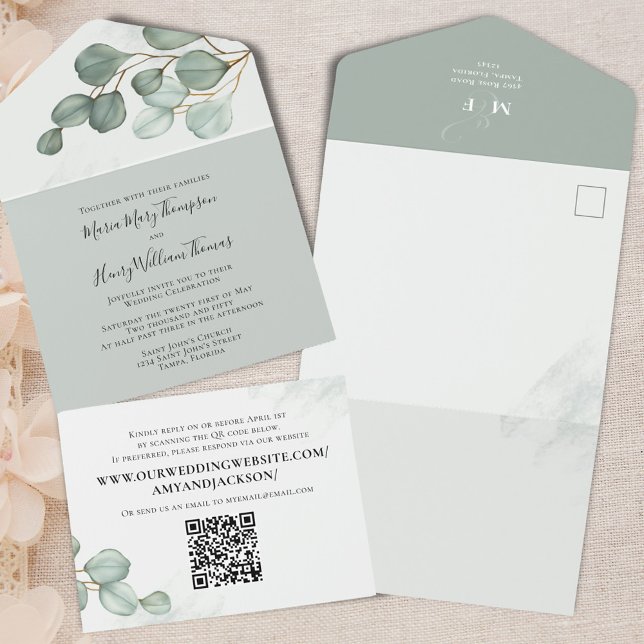 Invitación Todo En Uno Eucalyptus Elegante Foliage de acuarela Código QR (Elegant eucalyptus watercolor QR code all-in-one wedding invitation.)