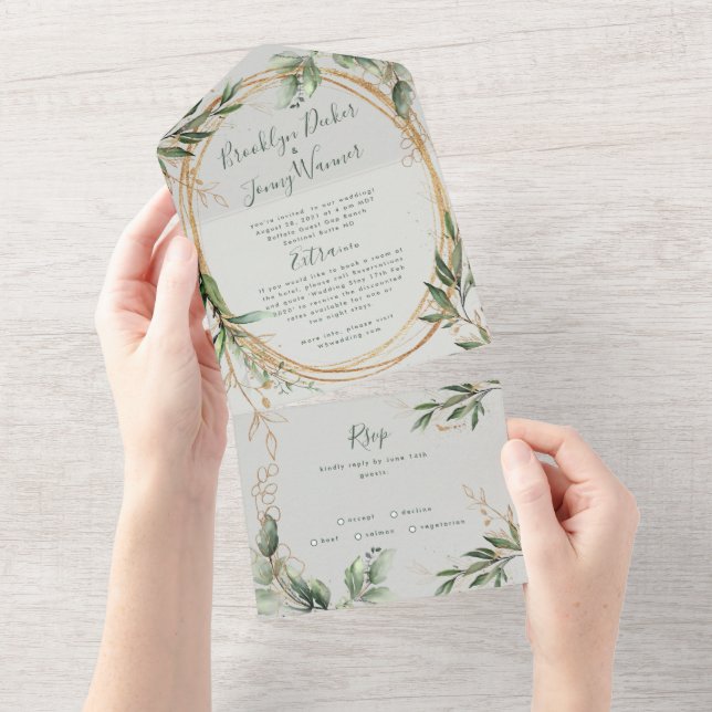 Invitación Todo En Uno Eucalyptus Elegante Vidrio Verde Británico (desgarro)