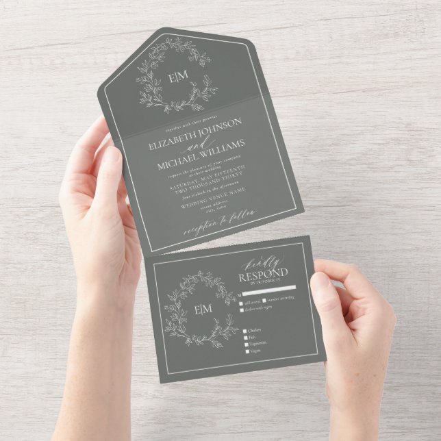 Invitación Todo En Uno Eucalyptus Escudo Green Leafy Monograma Boda (desgarro)