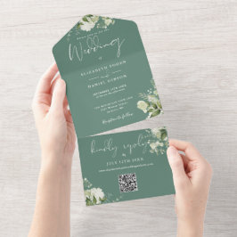 Invitación Todo En Uno Eucalyptus Floral Verde Código QR Monograma Boda