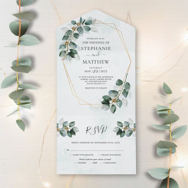 Invitación Todo En Uno Eucalyptus Foliage geométrica Boda moderno (Subido por el creador)