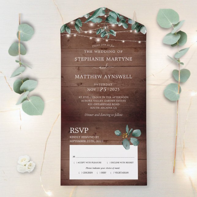 Invitación Todo En Uno Eucalyptus Foliage Rústica Luces Boda de Madera (Subido por el creador)