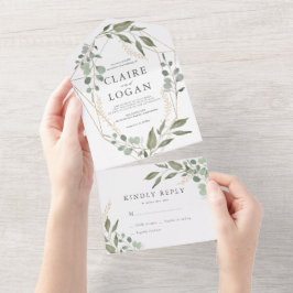 Invitación Todo En Uno Eucalyptus Geometric Gold Frame Sage Green Boda