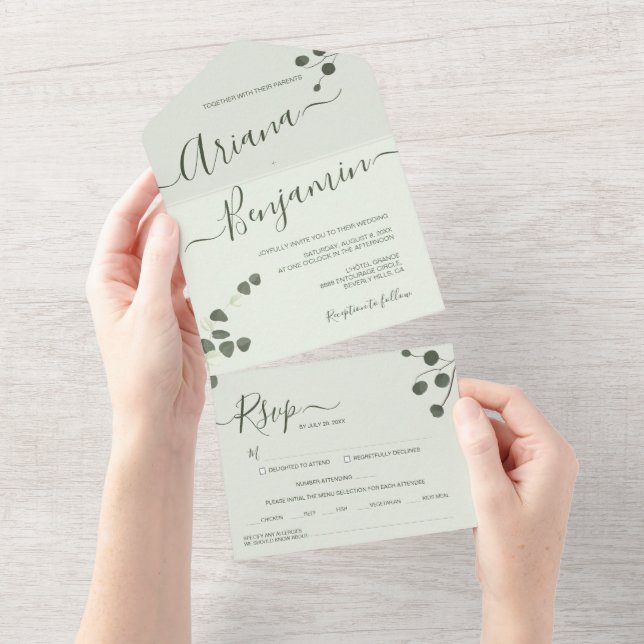 Invitación Todo En Uno Eucalyptus green Elegant Name Script Moderno (desgarro)