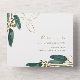 INVITACIÓN TODO EN UNO EUCALYPTUS GREEN GOLD FOLIAGE WATERCOLOR BODA A