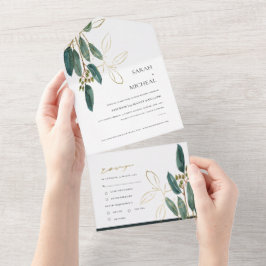 INVITACIÓN TODO EN UNO EUCALYPTUS GREEN GOLD FOLIAGE WATERCOLOR BODA A