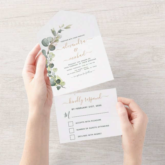 Invitación Todo En Uno Eucalyptus Greenery Boda Elegant Moderno (desgarro)