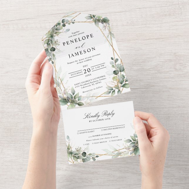 Invitación Todo En Uno Eucalyptus Greenery Boda Geométrico Botánico (desgarro)