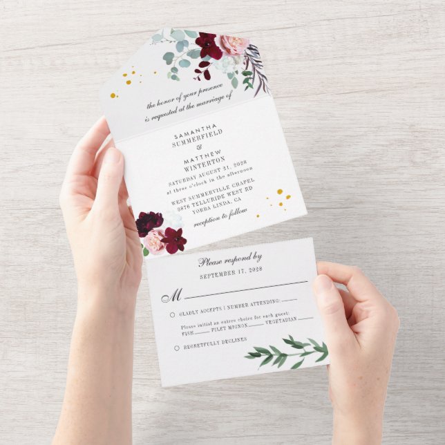 Invitación Todo En Uno Eucalyptus Greenery Burgundy Floral Boda (desgarro)