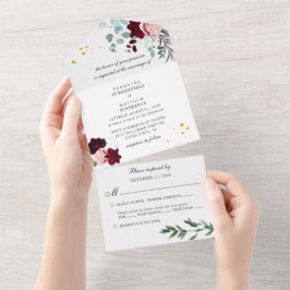 Invitación Todo En Uno Eucalyptus Greenery Burgundy Floral Boda