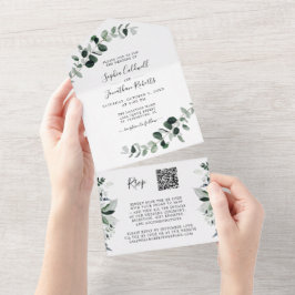 Invitación Todo En Uno Eucalyptus Greenery Código QR RSVP Boda blanco