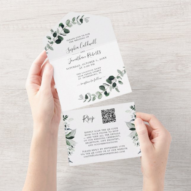 Invitación Todo En Uno Eucalyptus Greenery Código QR RSVP Boda blanco (desgarro)