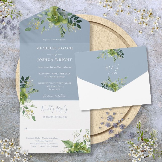Invitación Todo En Uno Eucalyptus Greenery Dusty Blue Monograma Boda (Eucalyptus Greenery Dusty Blue Monogram Wedding All In One Invitation)