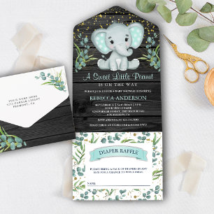 Invitación Todo En Uno Eucalyptus Greenery Elephant Grey Wood Baby Shower