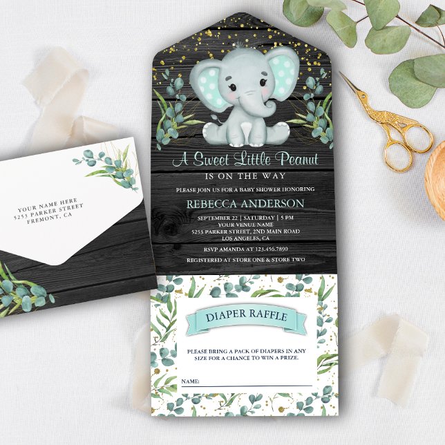 Invitación Todo En Uno Eucalyptus Greenery Elephant Grey Wood Baby Shower (Subido por el creador)