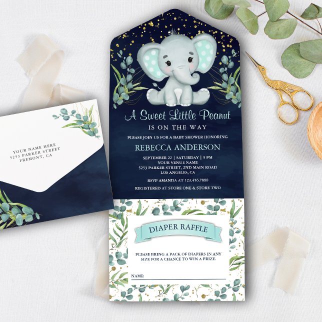 Invitación Todo En Uno Eucalyptus Greenery Elephant Marina Azul Baby Show (Subido por el creador)