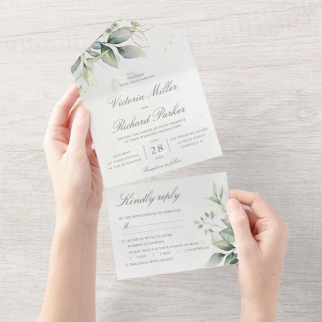Invitación Todo En Uno Eucalyptus Greenery Gold deja Boda botánico (desgarro)