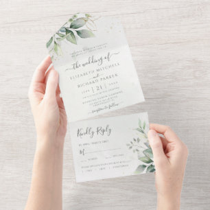 Invitación Todo En Uno Eucalyptus Greenery Gold deja Boda botánico