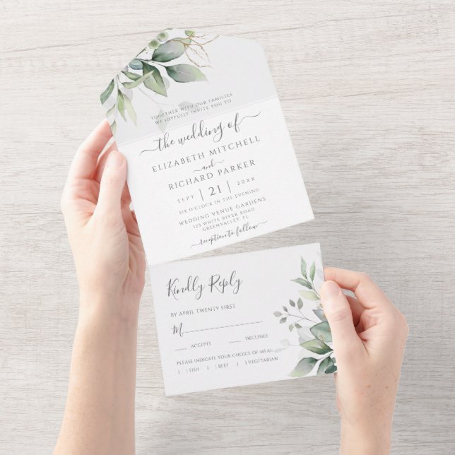 Invitación Todo En Uno Eucalyptus Greenery Gold deja Boda botánico (desgarro)