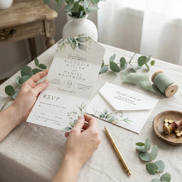 Invitación Todo En Uno Eucalyptus Greenery Gold deja Boda botánico
