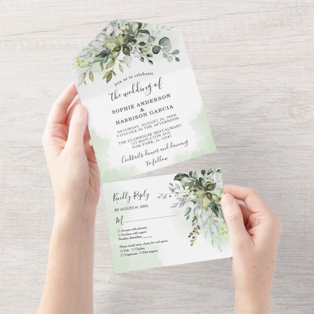 Invitación Todo En Uno Eucalyptus Greenery Suculento Boda Todo I (desgarro)
