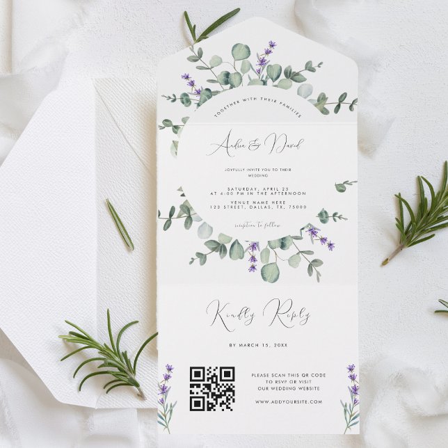Invitación Todo En Uno Eucalyptus Lavender Script QR Código Primavera Bod (Subido por el creador)
