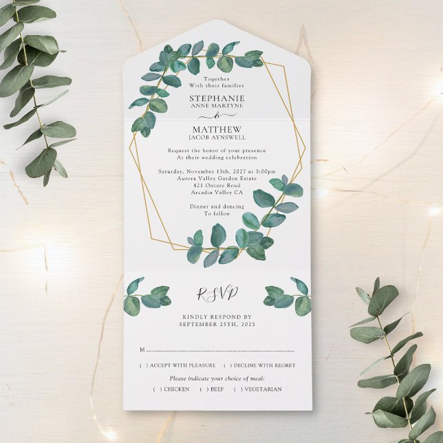 Invitación Todo En Uno Eucalyptus Leaf Elegante Boda Geométrico (Subido por el creador)
