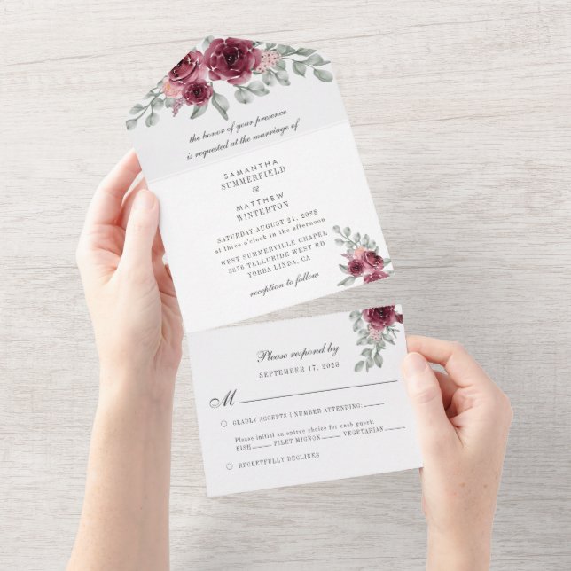 Invitación Todo En Uno Eucalyptus Moderno Burgundy Floral Boda (desgarro)