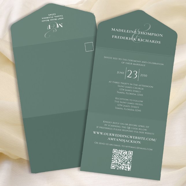 Invitación Todo En Uno Eucalyptus Moderno Elegante Foliage Verde Código Q (Subido por el creador)