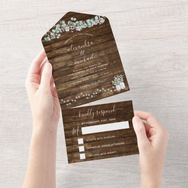 Invitación Todo En Uno Eucalyptus Rustic Boda String Lights RSVP (desgarro)