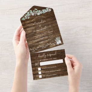 Invitación Todo En Uno Eucalyptus Rustic Boda String Lights RSVP
