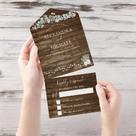 Invitación Todo En Uno Eucalyptus Rustic Boda String Lights RSVP